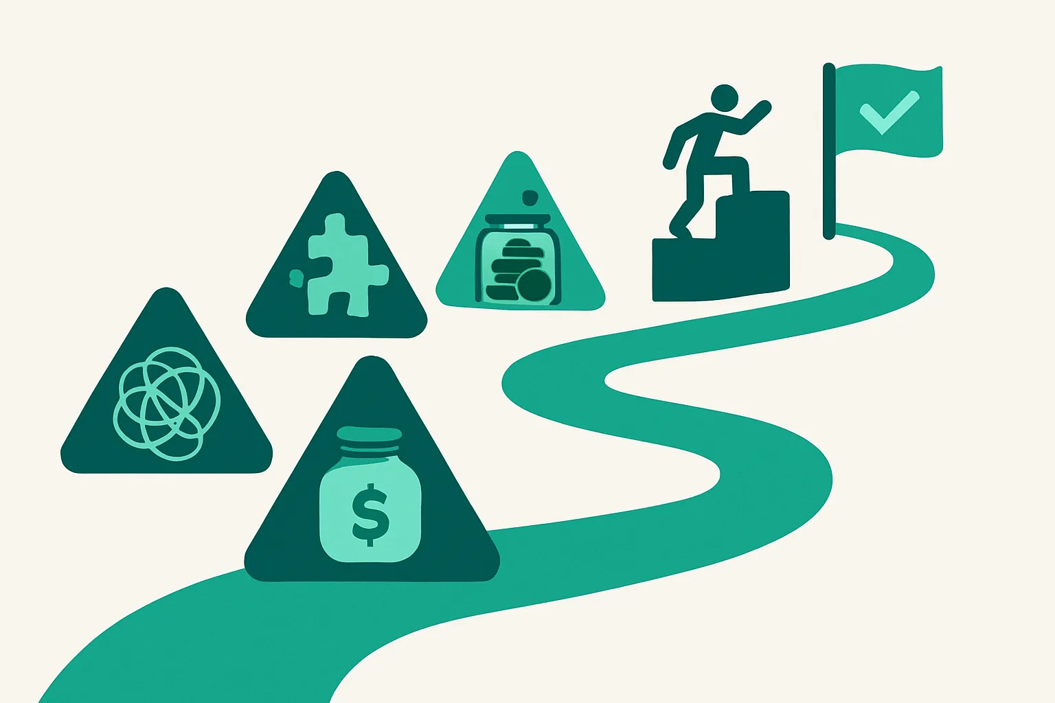 Illustration of an ERP implementation path past obstacles like tangled wires, mismatched puzzle pieces, and a budget jar, leading to a checkmark flag