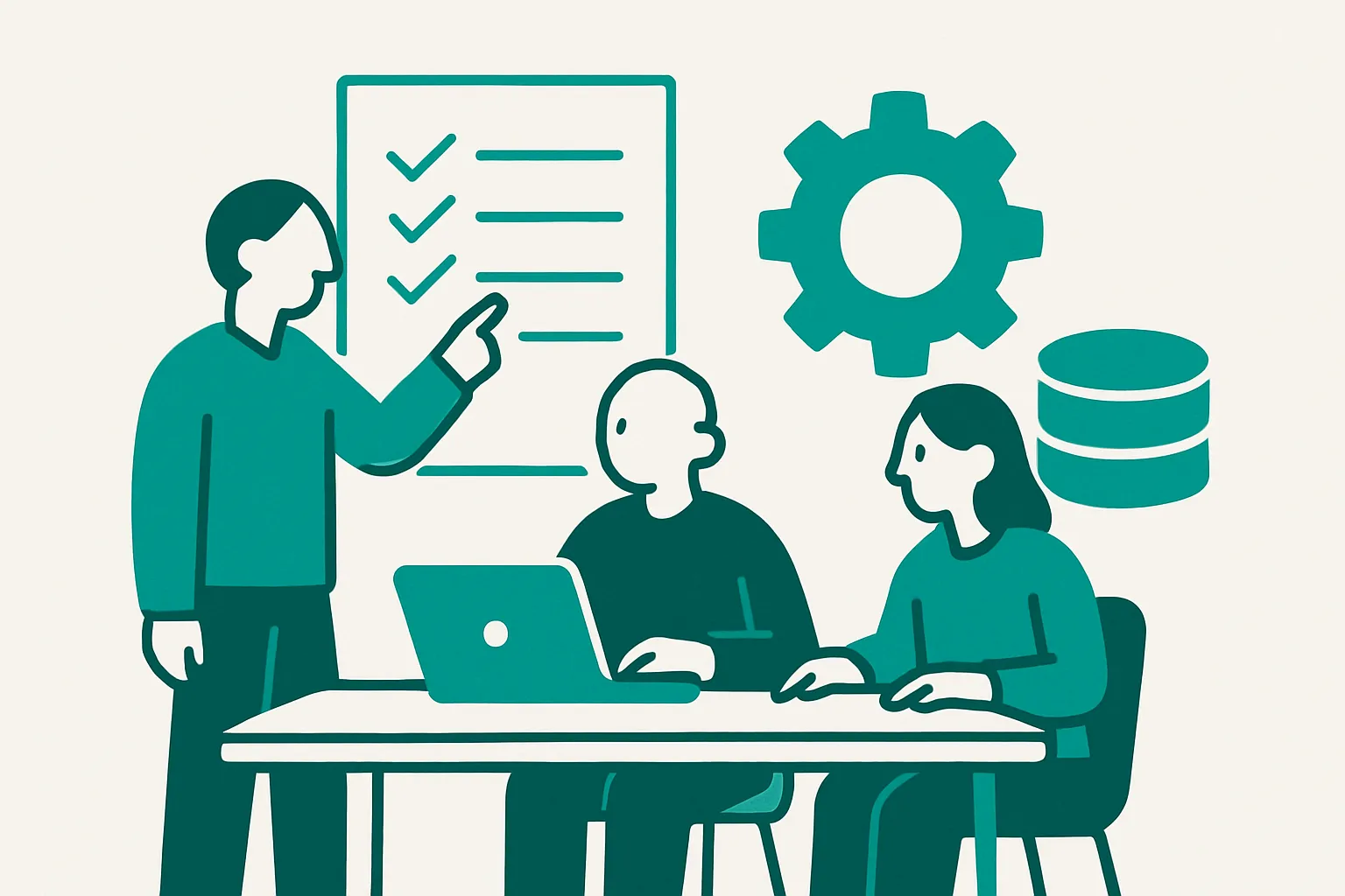 Illustration of a prepared implementation team reviewing a checklist together with a gear and database icon
