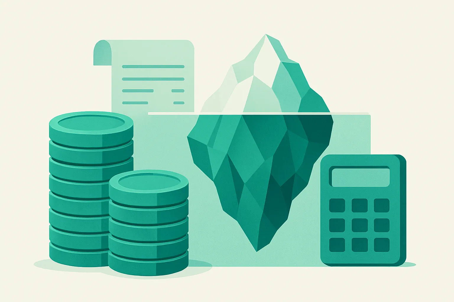 Illustration of ERP implementation cost concept: stacked coins, an invoice, an iceberg showing hidden costs below the surface, and a calculator