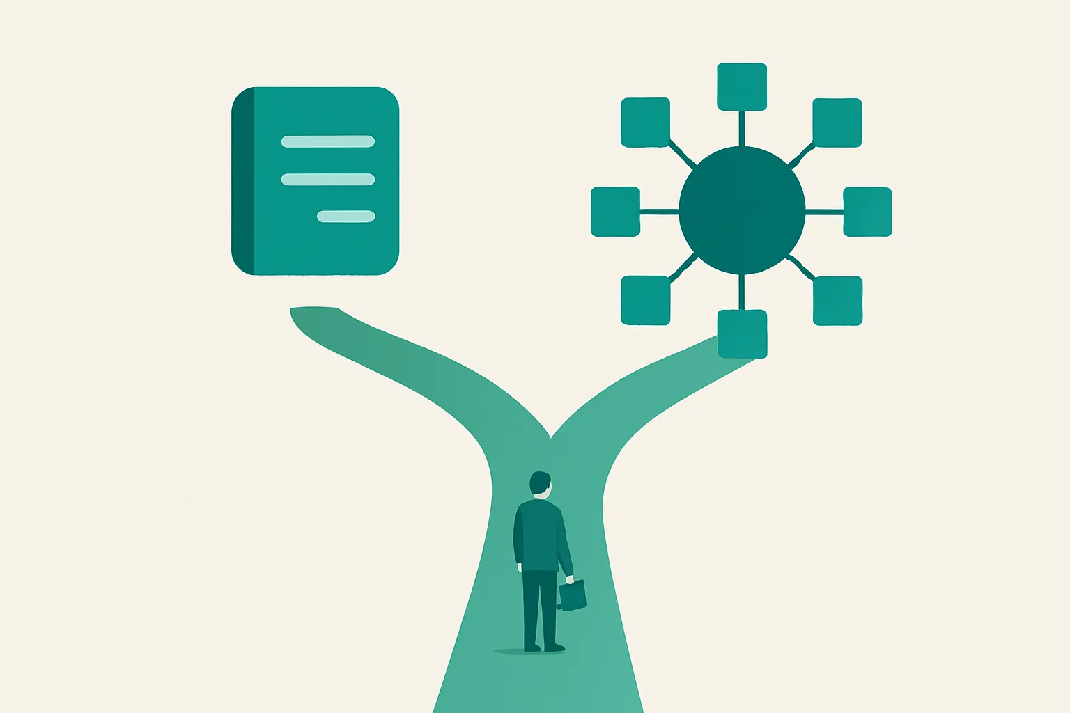 Illustration of a business person at a fork in the road choosing between a simple ledger and a large connected network of business modules