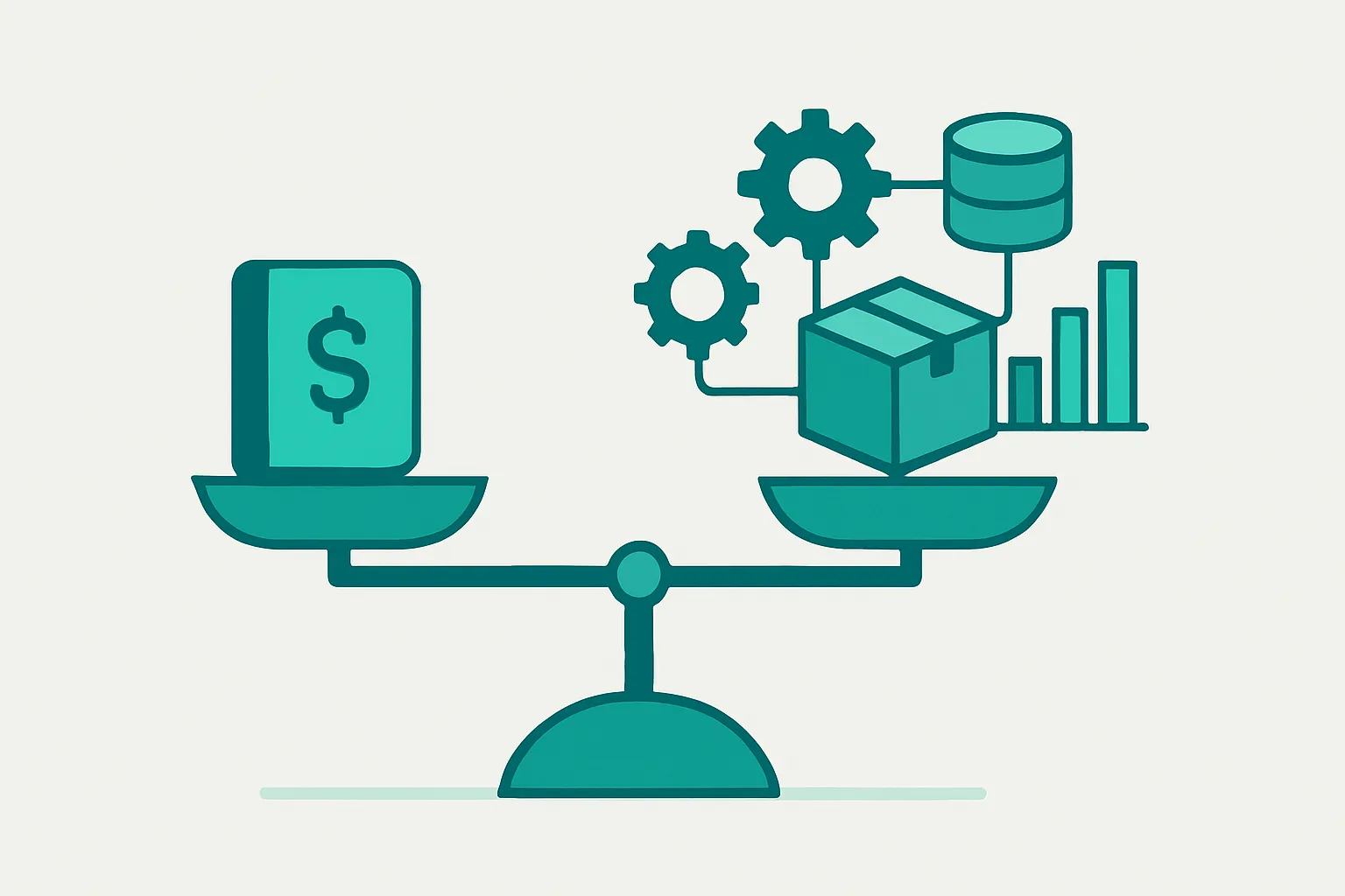 ERP vs accounting software illustration: a balance scale weighing a simple ledger against a larger connected system of gears, database, box, and chart