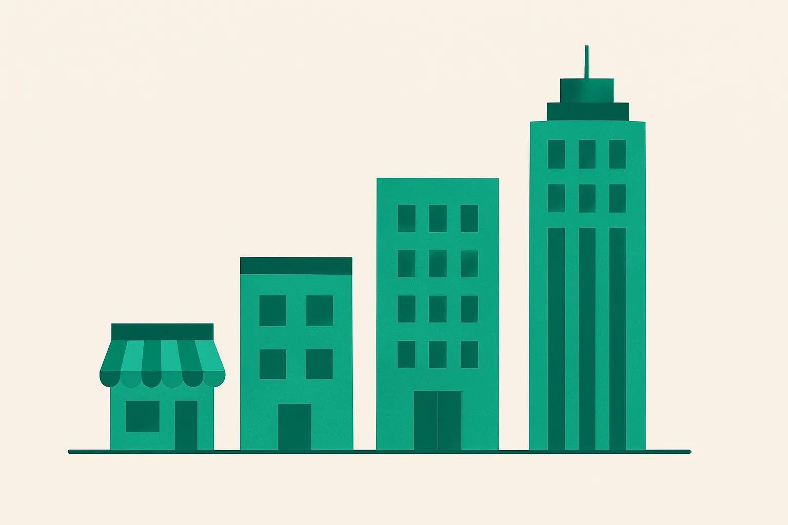 Illustration of four buildings growing from a small shop to a tower, representing Sage products scaling from small business to enterprise