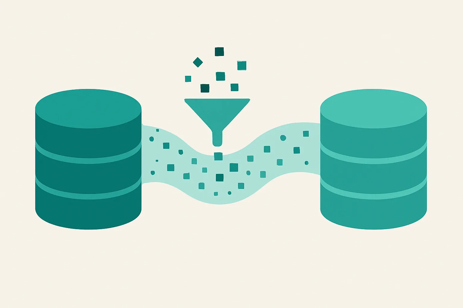 ERP data migration illustration: records flowing between two databases through a filter that catches bad data