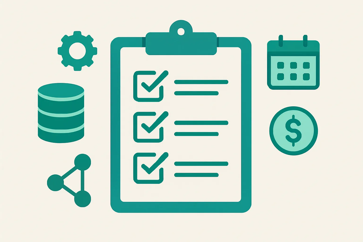 NetSuite ERP implementation requirements checklist illustration: clipboard with checked boxes surrounded by database, integration, calendar, and budget icons