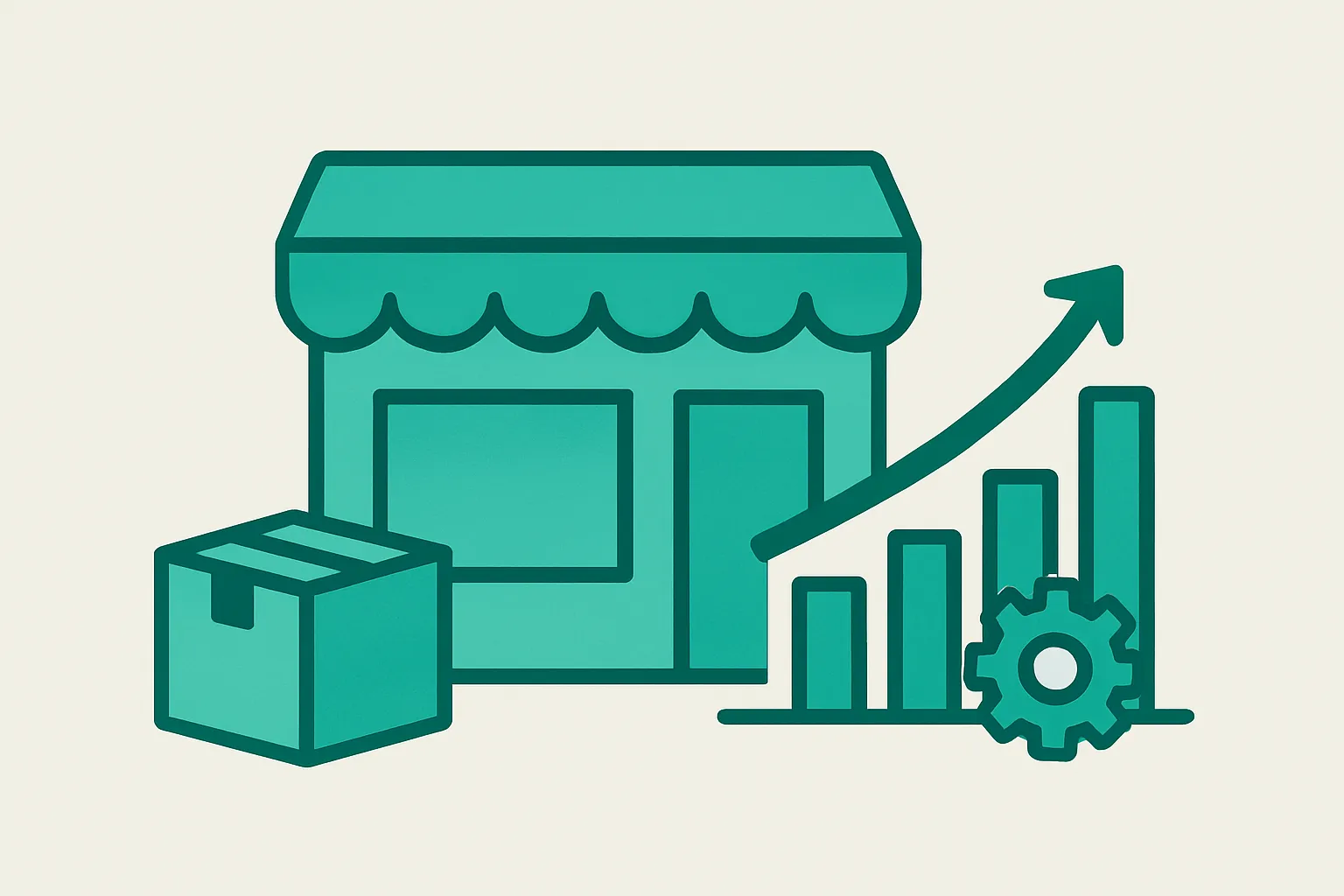 Sage 100 ERP illustration: a small business storefront with a shipping box and a rising growth chart, representing a growing company adding ERP