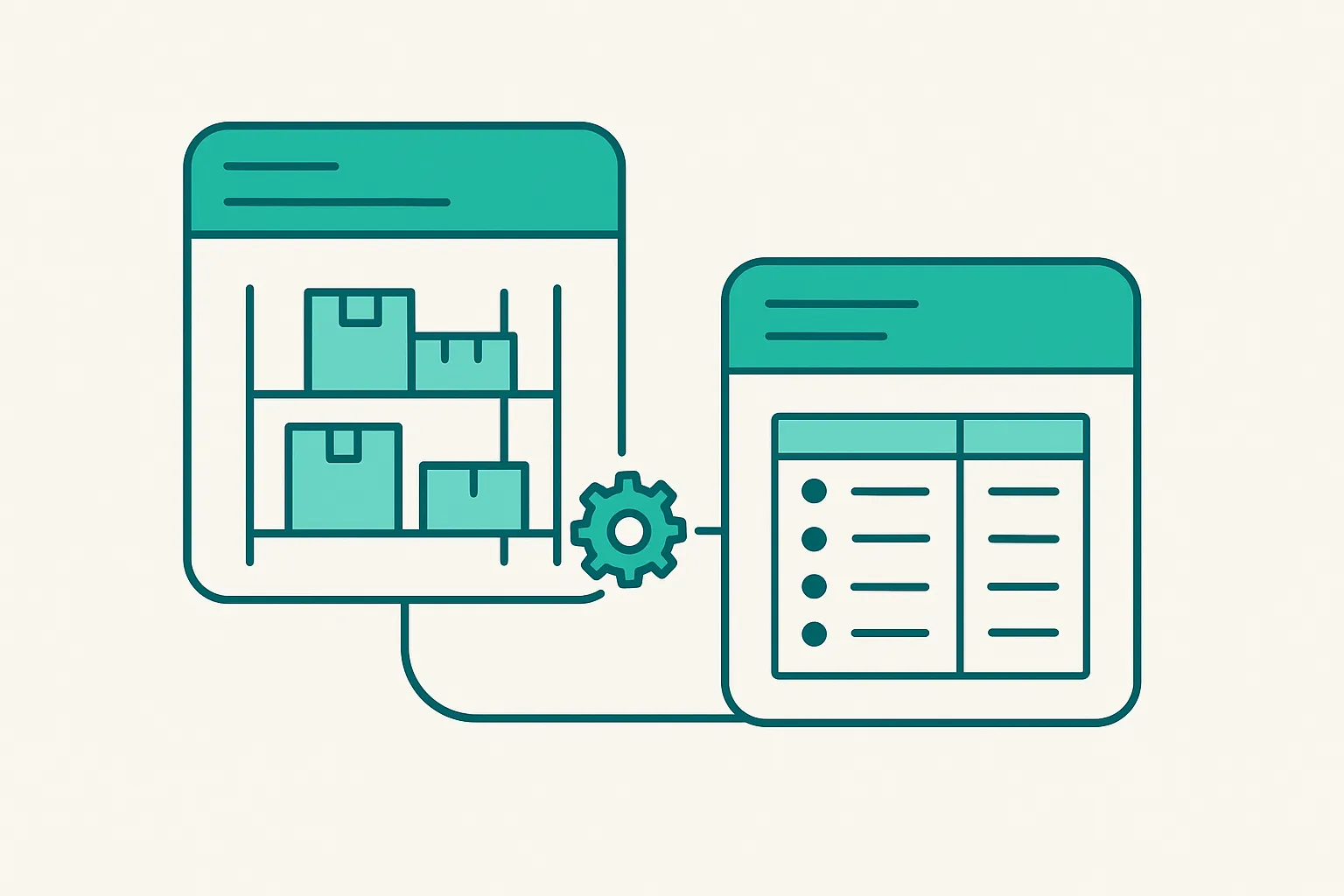 Illustration of two connected software modules, a warehouse inventory panel and a finance ledger panel, joined by a gear, representing modular ERP