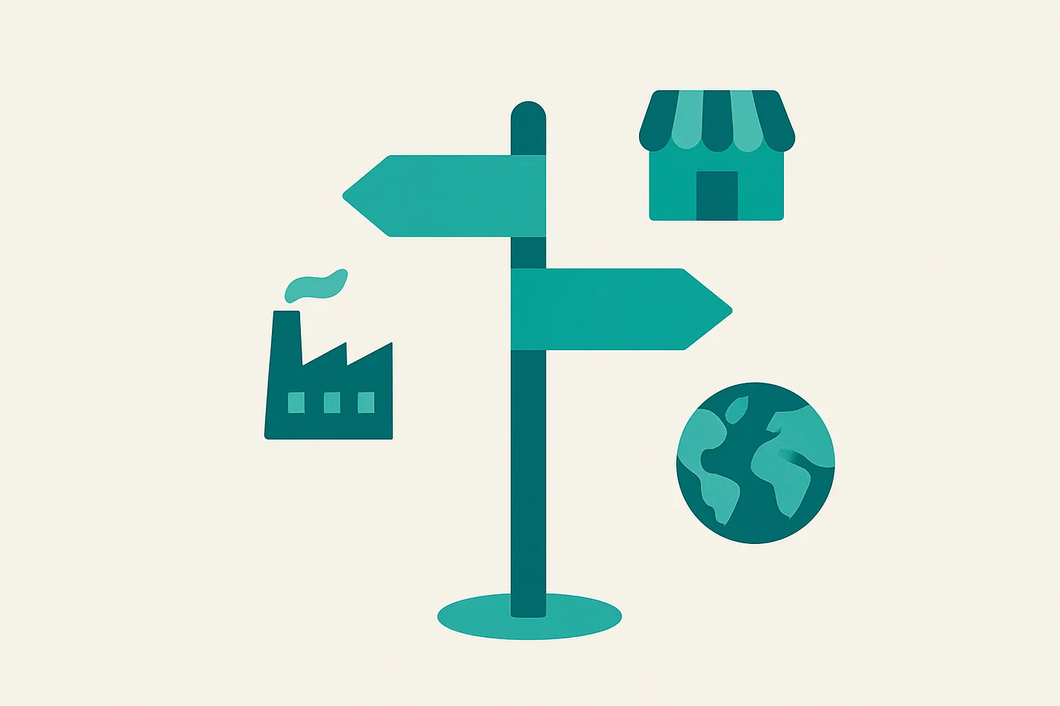 Illustration of a decision signpost with arrows pointing toward a shop, a factory, and a globe, representing choosing the right Sage product