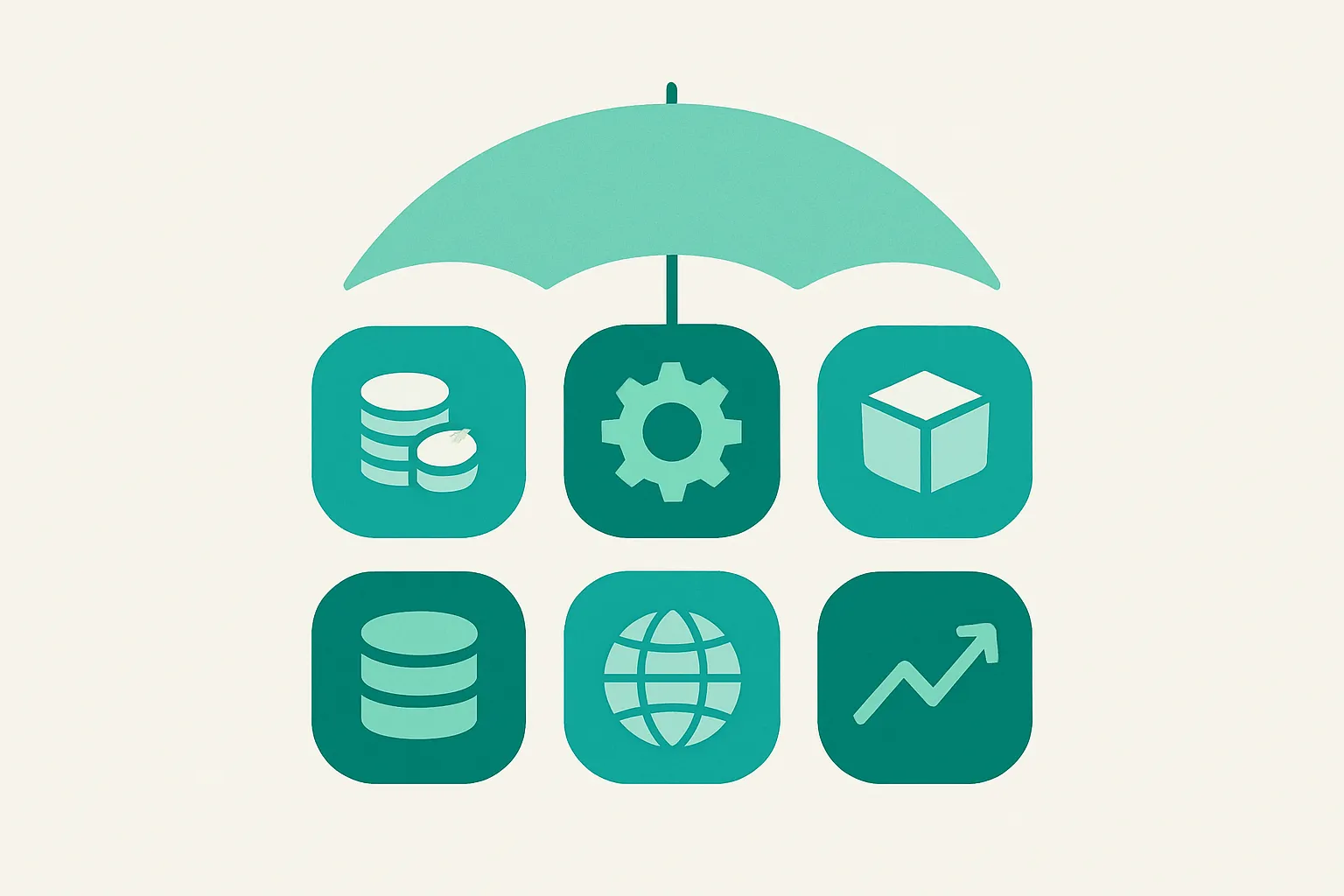 Sage ERP product family illustration: six product tiles with distinct icons unified under one umbrella, representing one brand with many products