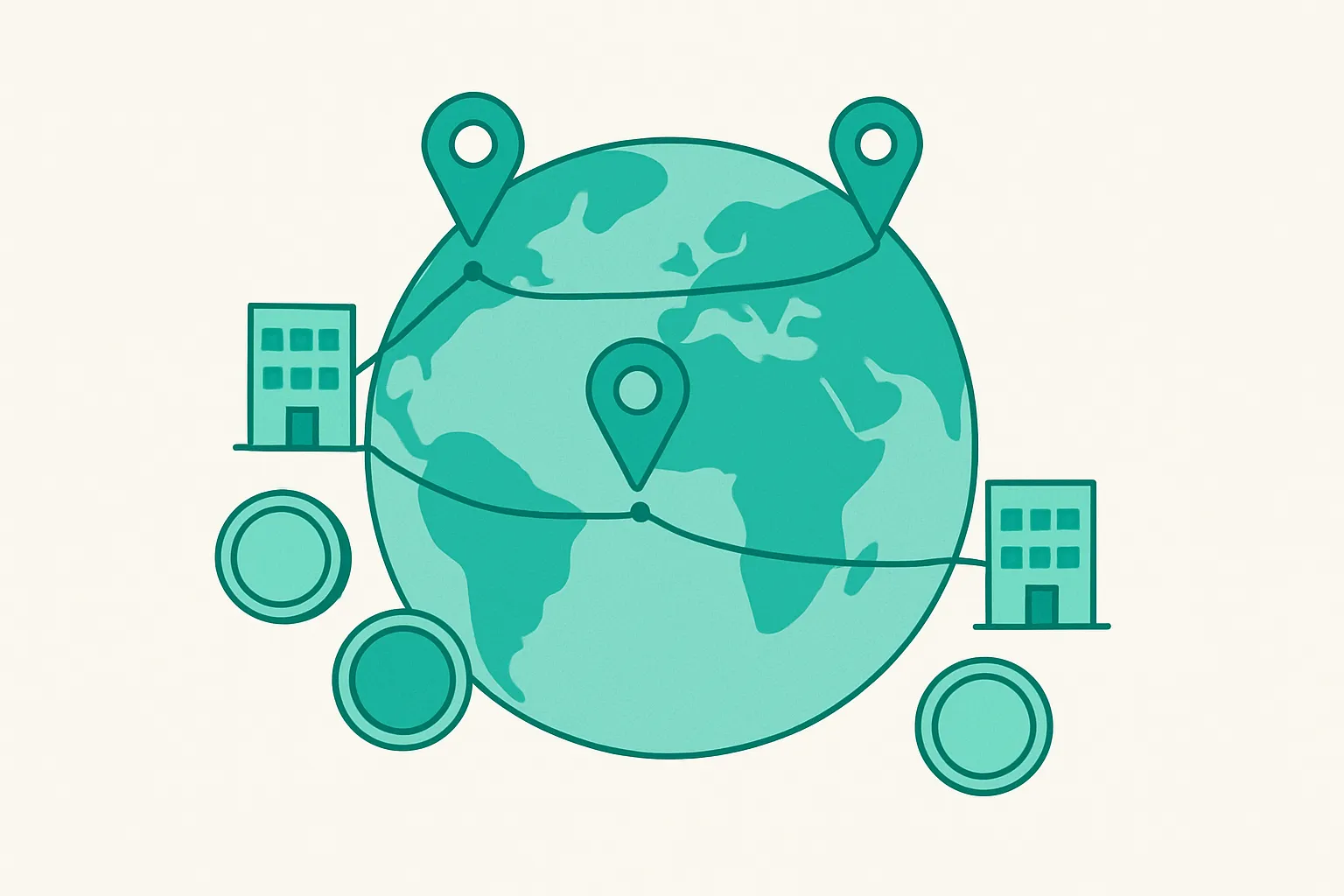 Illustration of a globe with location pins connected to buildings and coins, representing Sage X3 multi-site and multi-currency operations