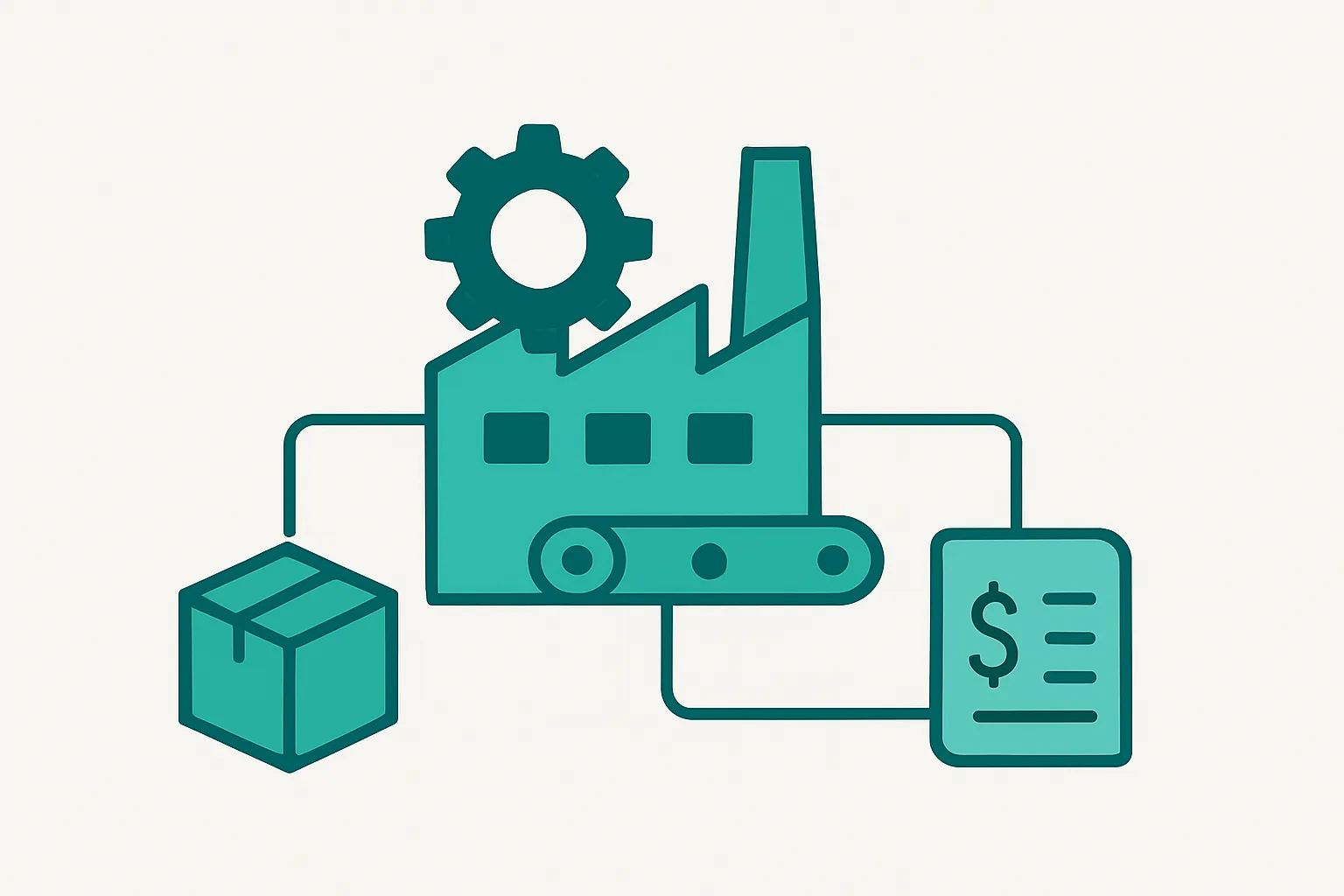 Sage X3 ERP illustration: a factory with a gear and conveyor connected to a distribution box and a finance ledger, showing manufacturing, distribution, and finance in one system