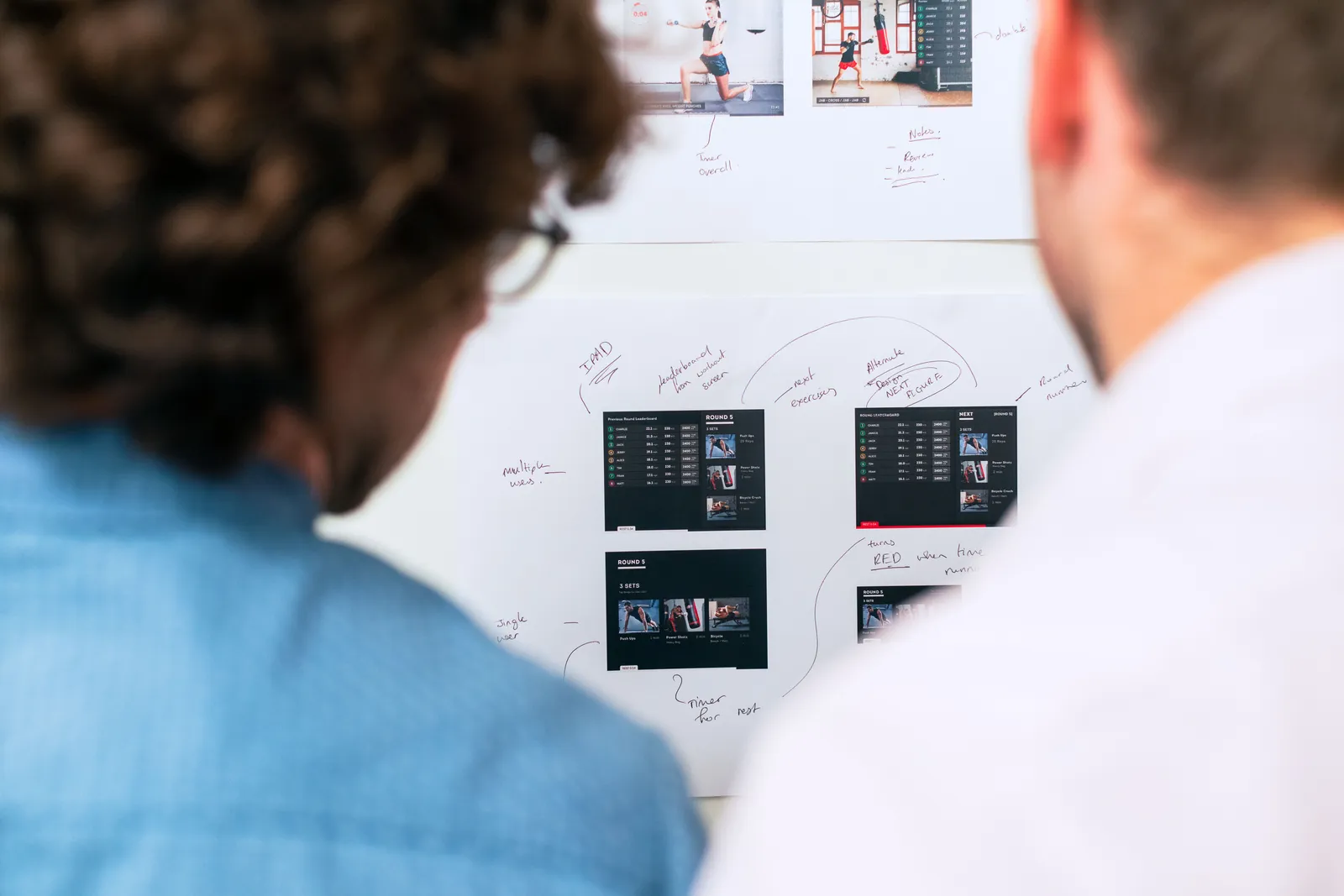 Two colleagues reviewing an SAP implementation project plan with notes and diagrams on a wall